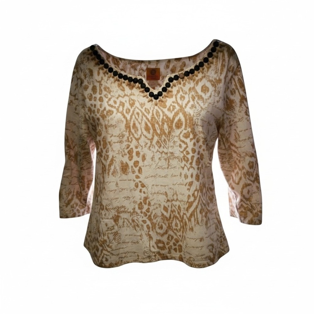 Ruby Rd Woman 2X Animal Ikat Script Top Beaded  3/4 Sleeve‎ Tan Cream Blouse